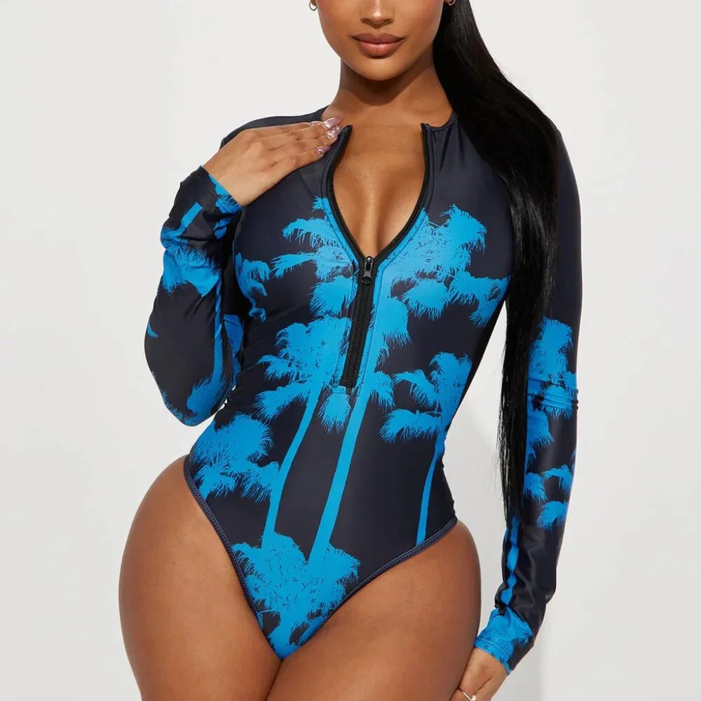Fashion Nova Drip Palms One Piece Swimsuit Black Blue‎ Long Sleeve Tropical XL